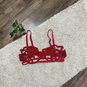 Victoria's Secret Size 38DD Red Embroidered Strappy Caged Balconette Bra NWOT